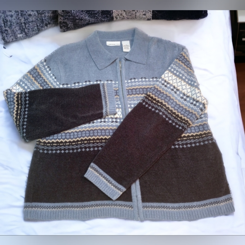 Croft and Barrow Blue Holiday Striped Collared Zippered Cardigan